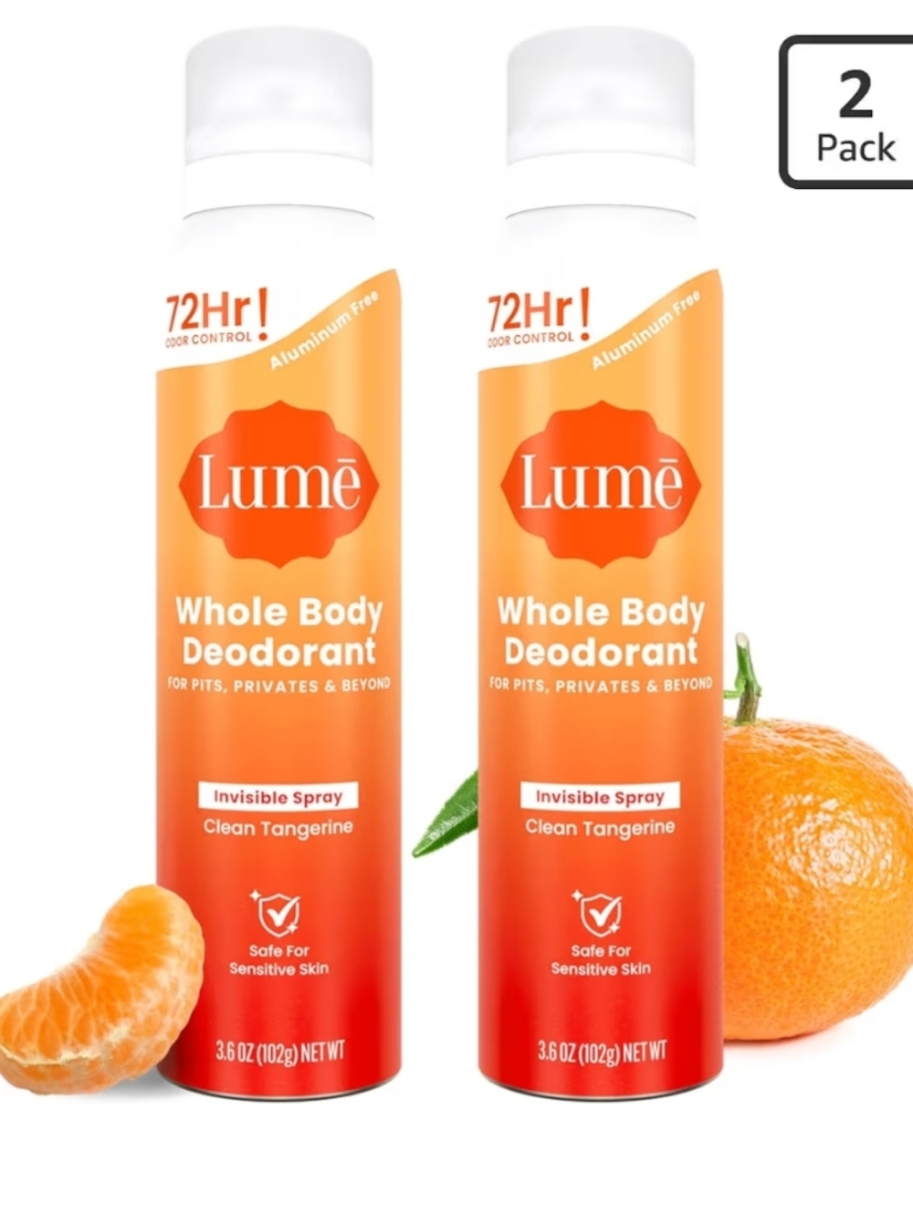 Lume Whole Body Deodorant Spray 72-hour OdorControl Clean Tangerine 3.6oz (2 Pk)